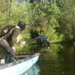 Crossing the road in the boat.