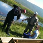 The cameraman is surprised to find water in his waders