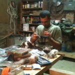 Flytying night - Peter at the Vise. He's tying a wild pig.