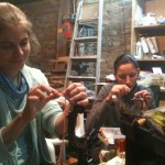 Zsuzsi tying a DH sedge. Zsofi tying a giraffe.