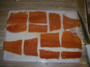 Cut up into chunks to be battered and deep fried.