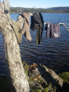 First light warming up my wet wading gear.