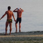 Preparing for a warm-up swim. Temp is 25C so no wetsuits!