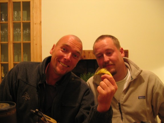 plunder12.jpg - Paul ties the Yellow and Lime Green Zonker.Lars is suitably impressed.Lars says, "When I first saw Paul's Yellow and Lime Green Zonker, I thought to myself, 'now here's a fantastic fly that's going to catch us lots of fish... Paul's a wonderful flytyer - certainly one of the best I've seen, now let's have some more Gammel Dansk'" 